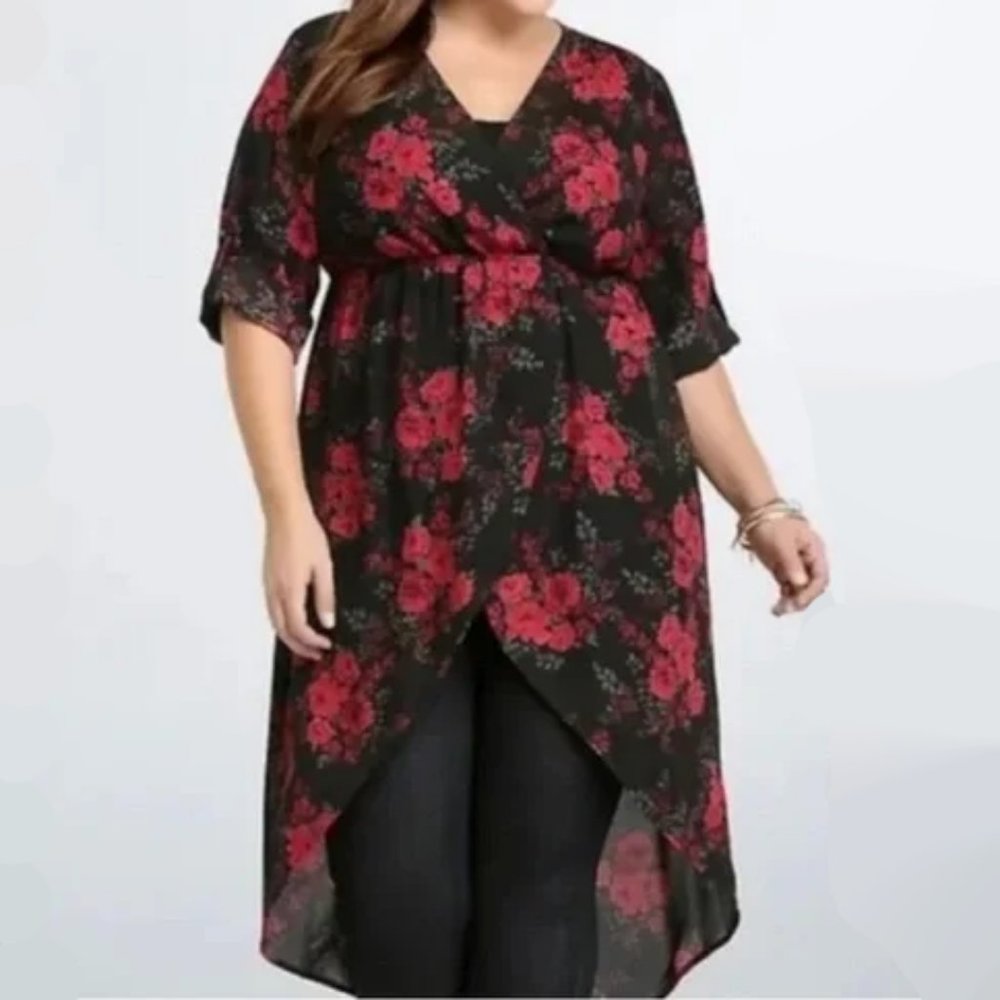 Torrid Chiffon Faux Wrap High Low Hem Rose Print Maxi Blouse